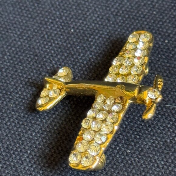Gold-Tone Airplane Brooch Clear Rhinestones Vintage-Inspired Pin-Back Closure - Picture 5 of 8